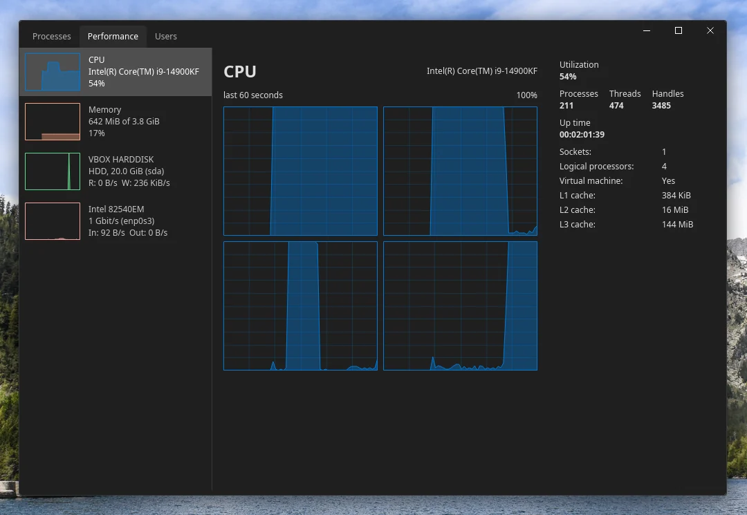 Task manager on the Performance tab with per-core CPU graphs for the last minute