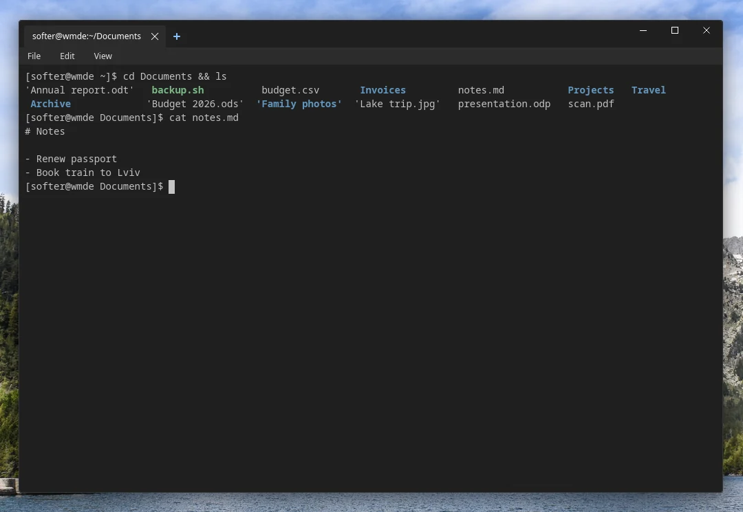 Terminal window listing the Documents folder and printing a notes file